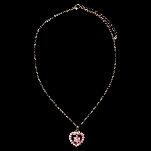 Vintage Pink Rhinestone Encrusted Heart Pendant Necklace - Picture 2 of 7